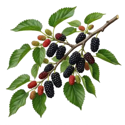 Gros plan sur les branches d'un mûrier noir portant des mûres charnues et bosselées, passant du rouge au noir profond à maturité