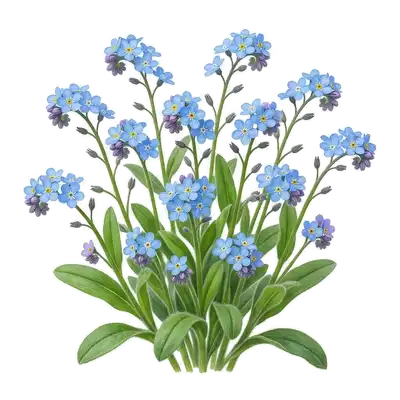 Grappes généreuses composées d'une multitude de minuscules fleurs de myosotis d'un bleu céleste frappant avec un petit cœur jaune