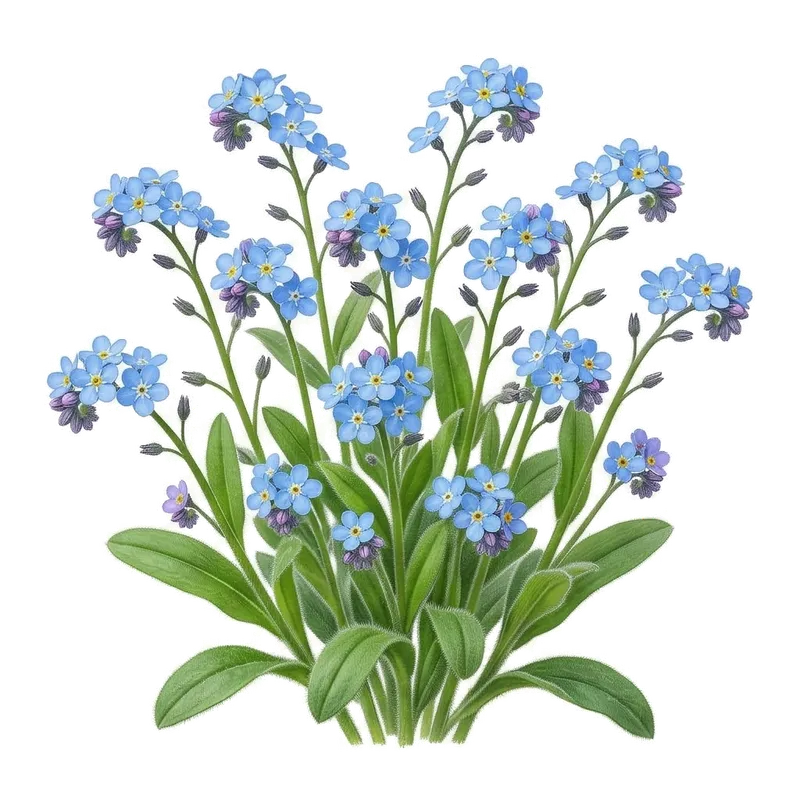 Grappes généreuses composées d'une multitude de minuscules fleurs de myosotis d'un bleu céleste frappant avec un petit cœur jaune