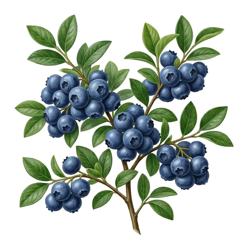 Rameau de myrtillier chargé de nombreuses grappes de petites myrtilles bleues recouvertes de pruine claire