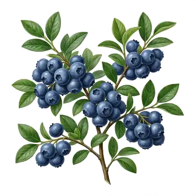Rameau de myrtillier chargé de nombreuses grappes de petites myrtilles bleues recouvertes de pruine claire