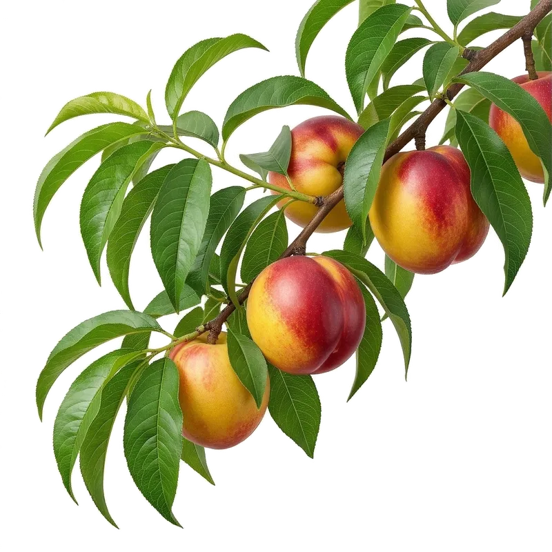 Branches de nectarinier chargées de superbes nectarines lisses et colorées, arborant une peau rougeoyante et jaune au soleil