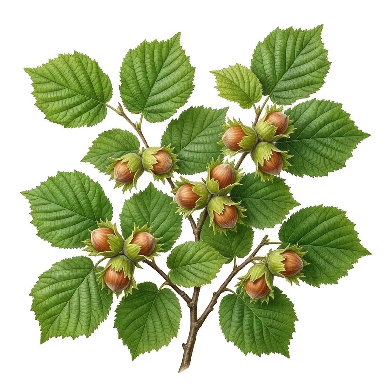 Grappe de jeunes noisettes lovées dans leurs involucrettes vertes et frangées, accrochées aux branches d'un noisetier
