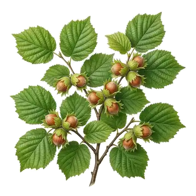 Grappe de jeunes noisettes lovées dans leurs involucrettes vertes et frangées, accrochées aux branches d'un noisetier