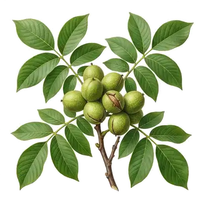 Noix encore protégées par leur brou vert charnu, accrochées aux branches d'un grand noyer au feuillage dense