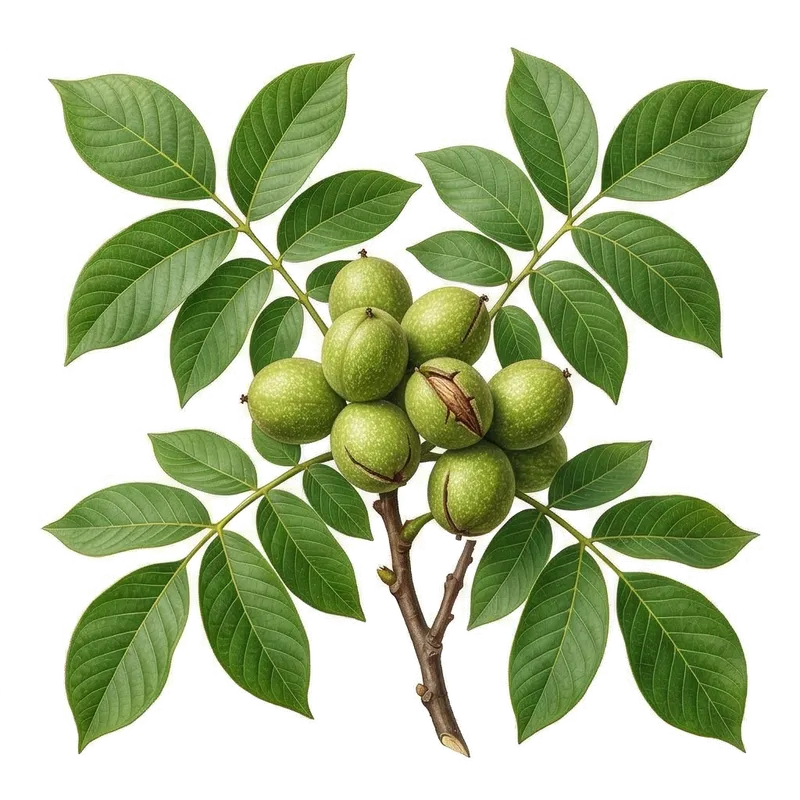Noix encore protégées par leur brou vert charnu, accrochées aux branches d'un grand noyer au feuillage dense