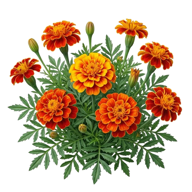 Fleurs d'œillets d'Inde très denses et touffues arborant de vives couleurs jaunes, orange et rouge flamboyant