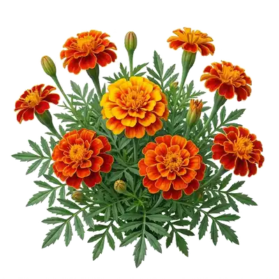 Fleurs d'œillets d'Inde très denses et touffues arborant de vives couleurs jaunes, orange et rouge flamboyant