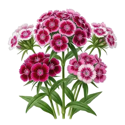 Bouquet rond et dense rassemblant de petites fleurs d'œillets des poètes aux motifs bicolores éclatants blancs, roses et rouges