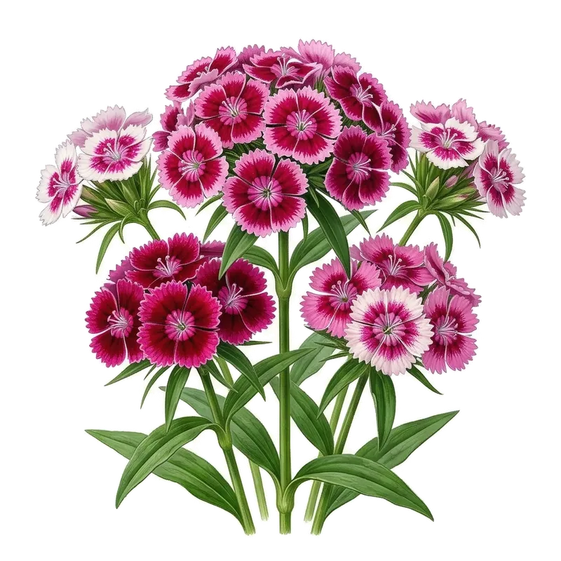 Bouquet rond et dense rassemblant de petites fleurs d'œillets des poètes aux motifs bicolores éclatants blancs, roses et rouges