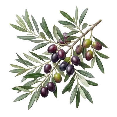 Rameau d'olivier au fin feuillage gris-argenté persistant, portant de petites olives vertes et noires mûrissant au soleil