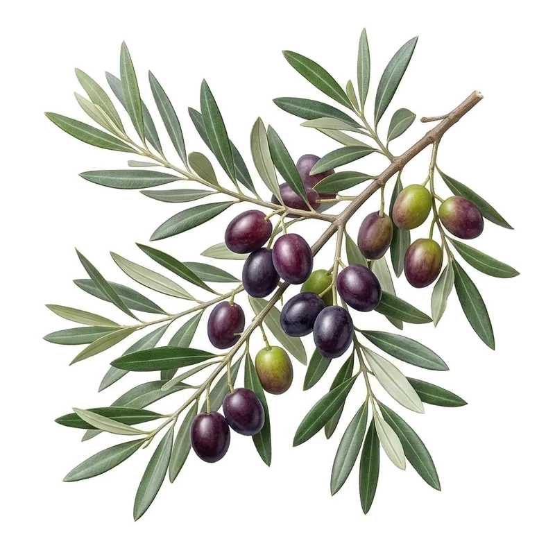 Rameau d'olivier au fin feuillage gris-argenté persistant, portant de petites olives vertes et noires mûrissant au soleil
