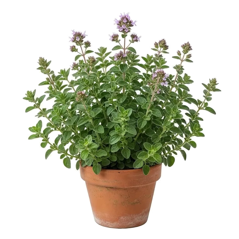 Généreuse touffe d'origan couverte de petites feuilles vertes aromatiques et de minuscules fleurs rose violacé