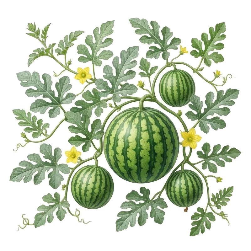 Grosse pastèque ovale à la peau lisse rayée de vert clair et vert foncé, mûrissant au soleil sous ses grandes feuilles