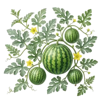 Grosse pastèque ovale à la peau lisse rayée de vert clair et vert foncé, mûrissant au soleil sous ses grandes feuilles