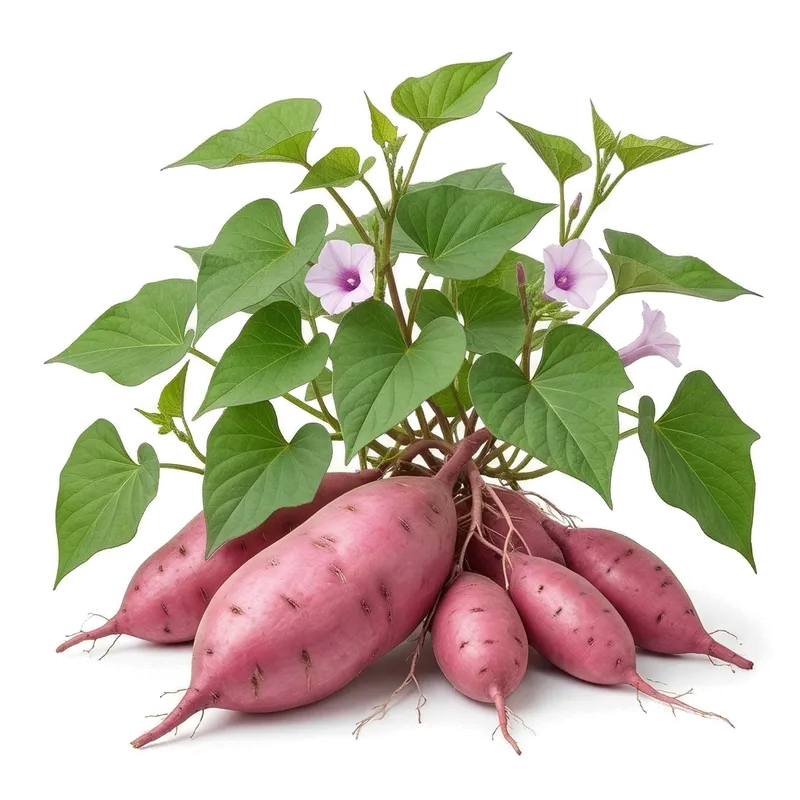 Gros tubercules de patate douce à la peau cuivrée et rosée, récoltés au pied de leur généreux feuillage rampant