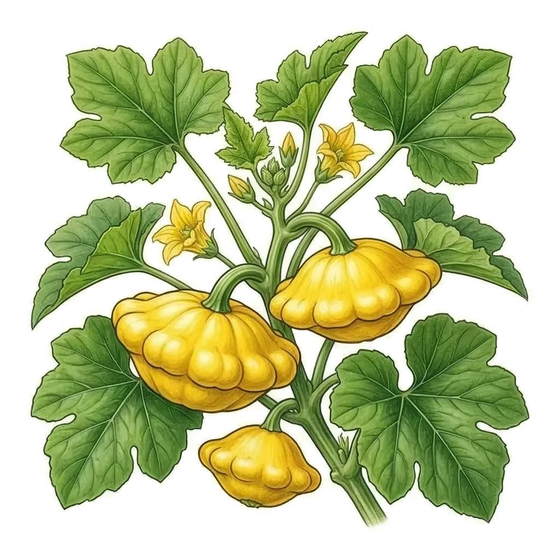 Joli pâtisson blanc et lisse en forme de soucoupe volante aux bords dentelés, niché sous les feuilles de son plant