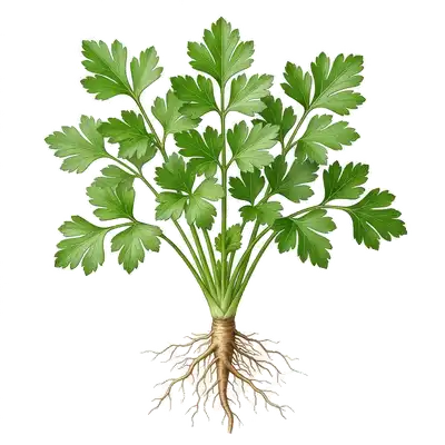 Généreux bouquet de persil plat aux feuilles lisses et d'un vert profond, poussant vigoureusement au jardin