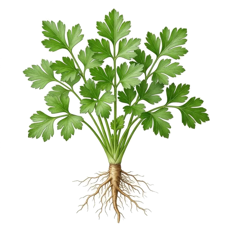 Généreux bouquet de persil plat aux feuilles lisses et d'un vert profond, poussant vigoureusement au jardin