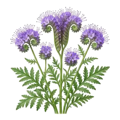 Champ de phacélies en pleine floraison avec leurs fleurs mauves enroulées en crosse très butinées par les abeilles