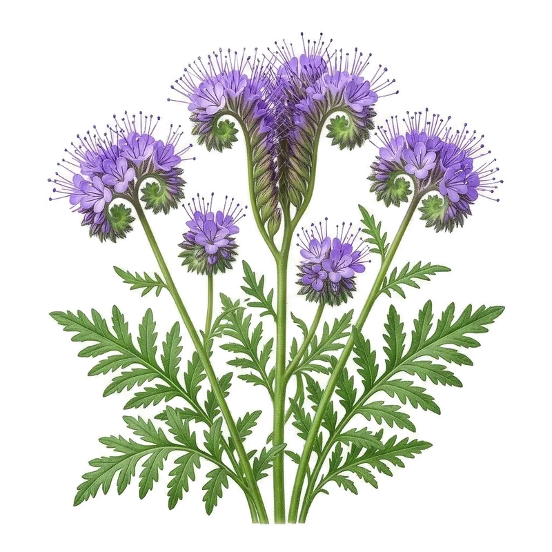 Champ de phacélies en pleine floraison avec leurs fleurs mauves enroulées en crosse très butinées par les abeilles