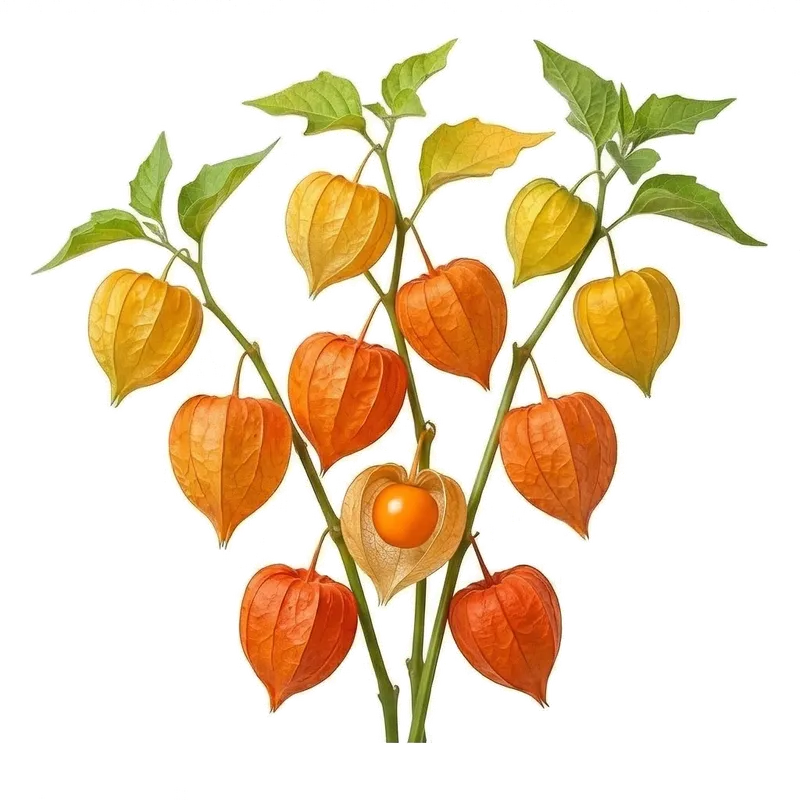 Fins lampions parcheminés veinés et brunis de physalis entrouverts, dévoilant en leur cœur une belle baie ronde jaune orangé