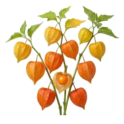 Fins lampions parcheminés veinés et brunis de physalis entrouverts, dévoilant en leur cœur une belle baie ronde jaune orangé