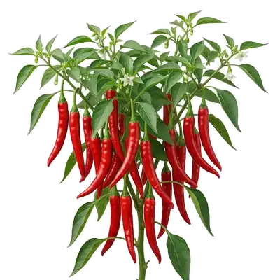 Fins piments de Cayenne allongés d'un rouge écarlate éclatant, dressés sur leur plant touffu baigné de soleil