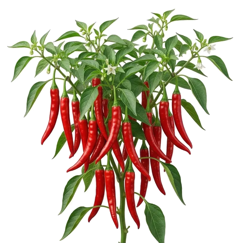 Fins piments de Cayenne allongés d'un rouge écarlate éclatant, dressés sur leur plant touffu baigné de soleil
