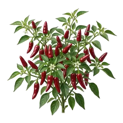 Piments d'Espelette allongés d'un rouge vif et intense, mûrissant au soleil accrochés aux branches de leur plant