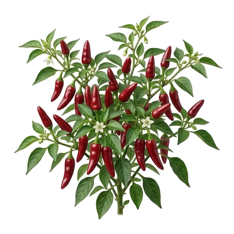 Piments d'Espelette allongés d'un rouge vif et intense, mûrissant au soleil accrochés aux branches de leur plant