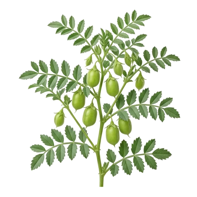 Gousses gonflées et légèrement duveteuses d'un plant de pois chiche méditerranéen, contenant chacune de précieux grains nutritifs