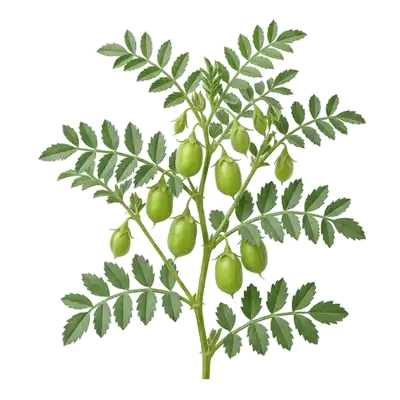 Gousses gonflées et légèrement duveteuses d'un plant de pois chiche méditerranéen, contenant chacune de précieux grains nutritifs