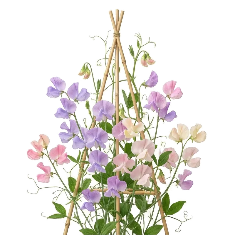 Grappes de fleurs délicates aux teintes pastel douces, s'épanouissant gracieusement sur les tiges grimpantes d'un pois de senteur