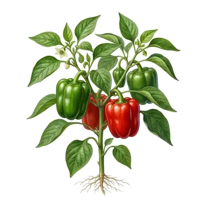 Gros poivron doux rouge vif, charnu et croquant, mûrissant au soleil accroché à la tige de son plant