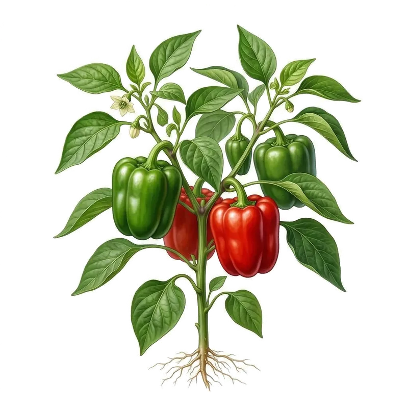 Gros poivron doux rouge vif, charnu et croquant, mûrissant au soleil accroché à la tige de son plant