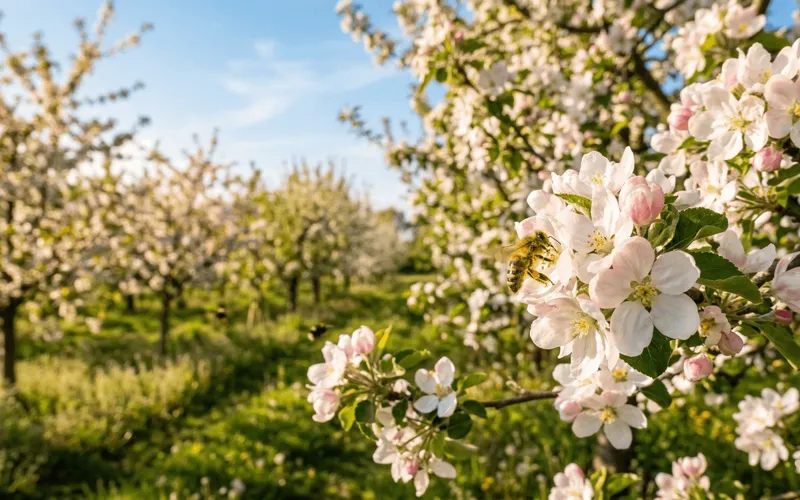 Abeille butinant une fleur de pommier blanche et rosée dans un verger en fleurs sous un ciel bleu printanier