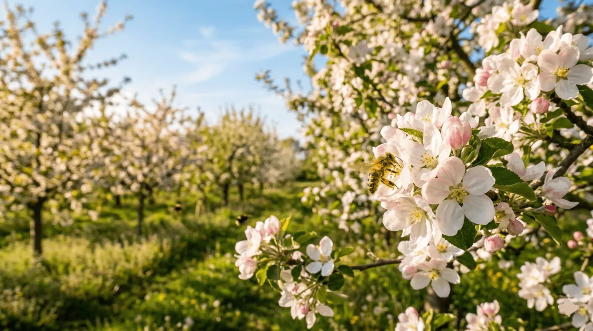 Abeille butinant une fleur de pommier blanche et rosée dans un verger en fleurs sous un ciel bleu printanier