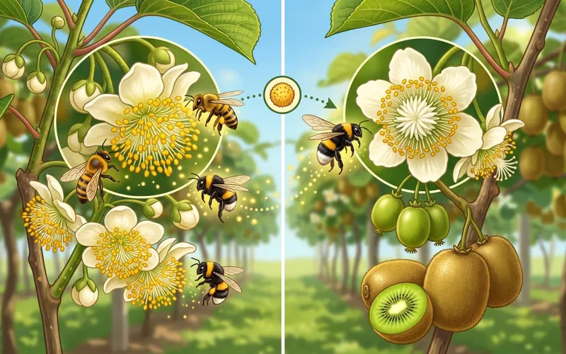 Illustration didactique montrant la pollinisation croisée des fleurs de kiwi par des abeilles entre un plant mâle et un plant femelle portant des fruits