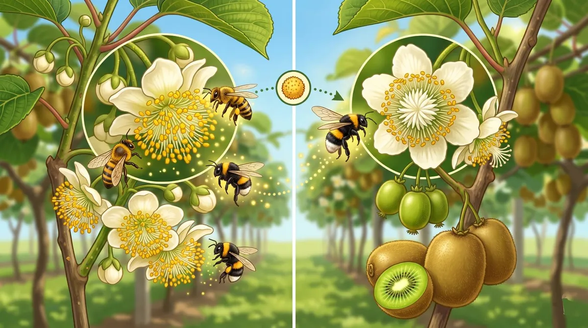 Illustration didactique montrant la pollinisation croisée des fleurs de kiwi par des abeilles entre un plant mâle et un plant femelle portant des fruits