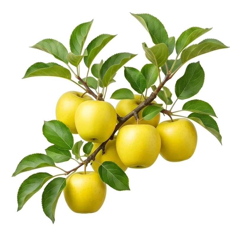 Branches fléchissant sous une abondance de superbes pommes Golden rondes à la peau lisse, lumineuse et d'un jaune doré éclatant