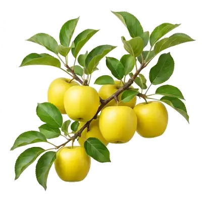 Branches fléchissant sous une abondance de superbes pommes Golden rondes à la peau lisse, lumineuse et d'un jaune doré éclatant