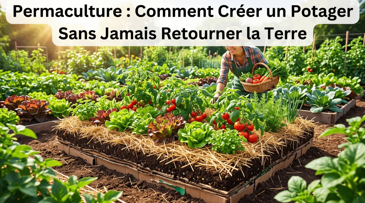 Jardinière récoltant des légumes mûrs sur une butte de culture en lasagne surélevée et paillée en permaculture sans retournement de la terre