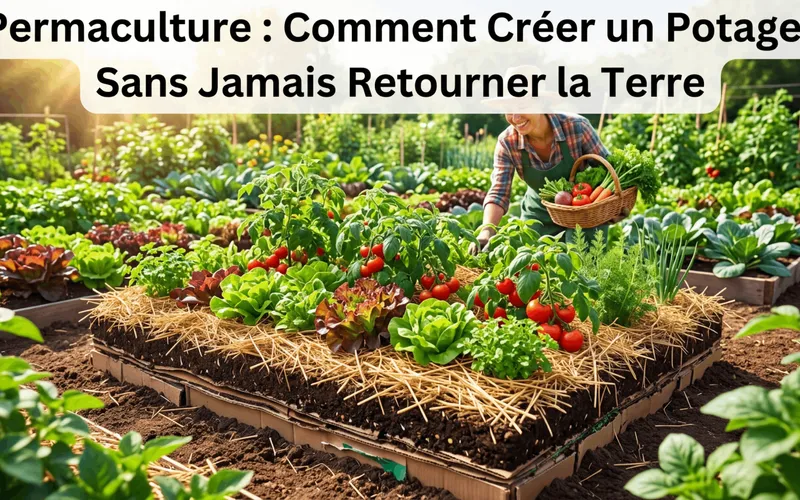 Jardinière récoltant des légumes mûrs sur une butte de culture en lasagne surélevée et paillée en permaculture sans retournement de la terre