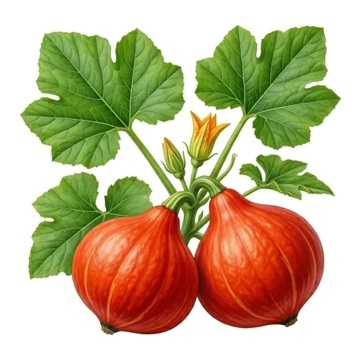 Beau potimarron rouge orangé en forme de toupie, reposant sur le sol au bout de sa tige pédonculaire