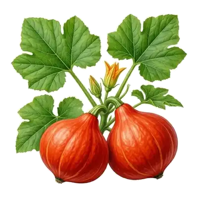 Beau potimarron rouge orangé en forme de toupie, reposant sur le sol au bout de sa tige pédonculaire