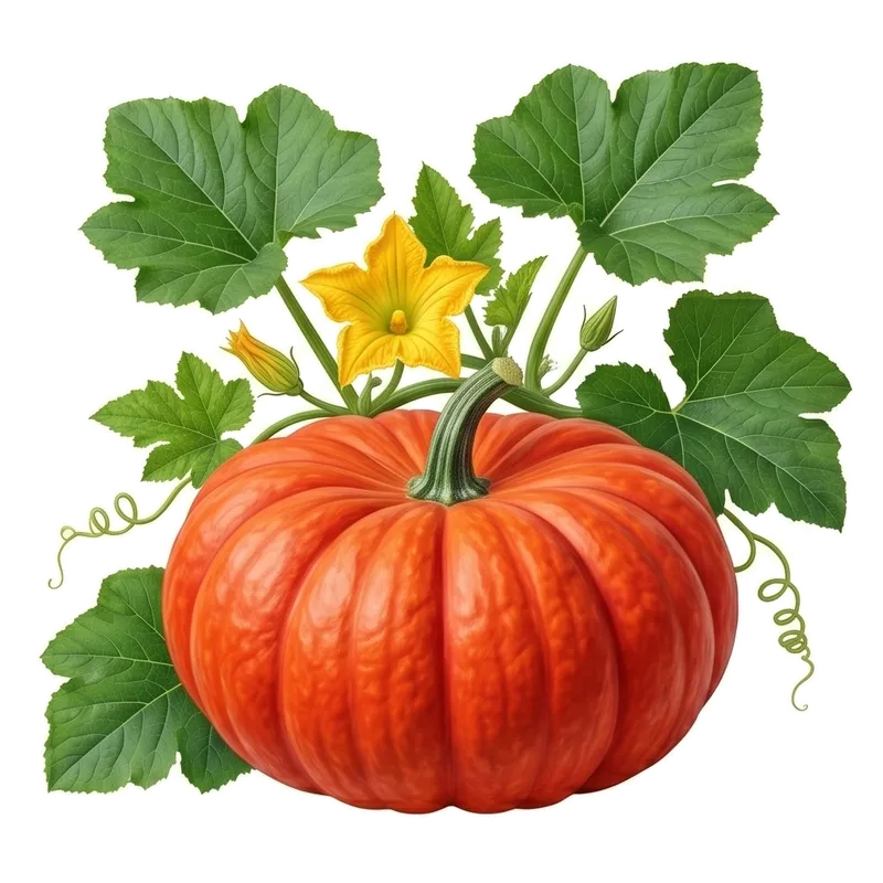 Énorme et large potiron Rouge Vif d'Étampes très aplati et profondément côtelé, posé tel un joyau d'automne dans le potager