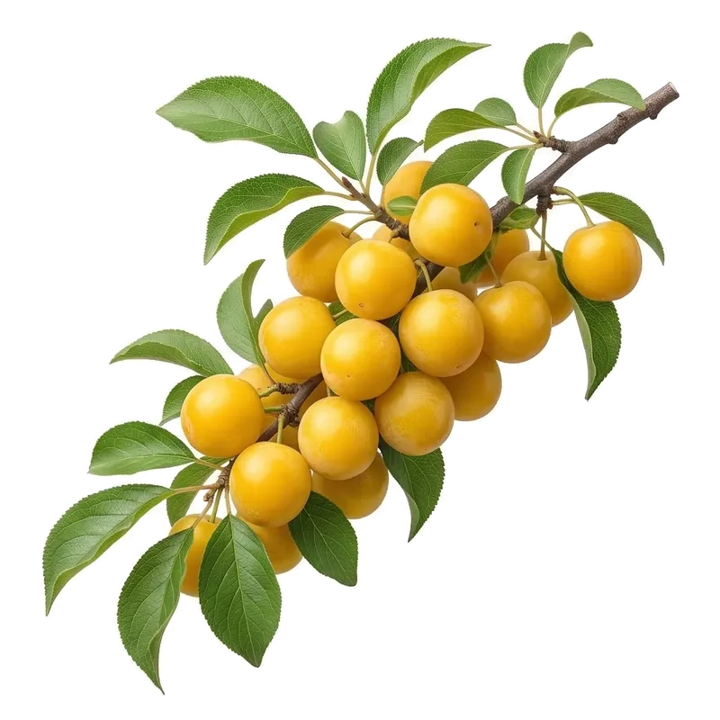 Branche de prunier fléchissant sous le poids d'une abondance de petites mirabelles rondes et d'un beau jaune doré pruineux