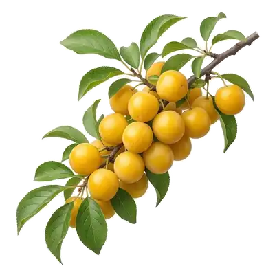 Branche de prunier fléchissant sous le poids d'une abondance de petites mirabelles rondes et d'un beau jaune doré pruineux