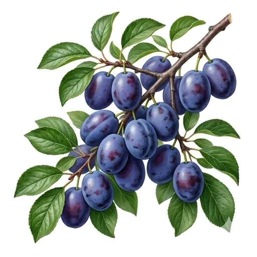 Branches d'un prunier chargées de belles quetsches allongées et violettes, recouvertes de leur pruine claire naturelle